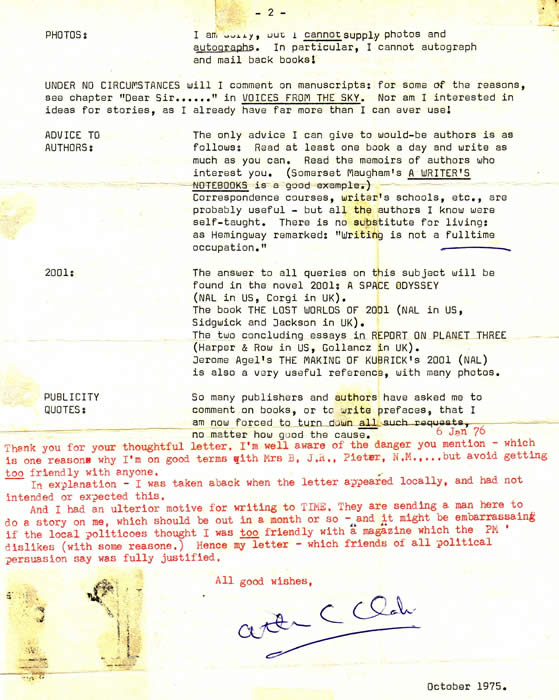 Arthur C Clarke letter page 2