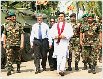 Defence Secretary Gotabhaya Rajapaksa (in blue tie) with his elder brother and President Mahinda Rajapaksa. On to his right was General Sarath Fonseka in 2009. (Photo from Colombo Daily News, May 22, 2009).