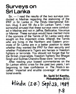 Letter to The Hindu on IPKF Sri Lanka by Sachi Sri Kantha Sept 23 1989