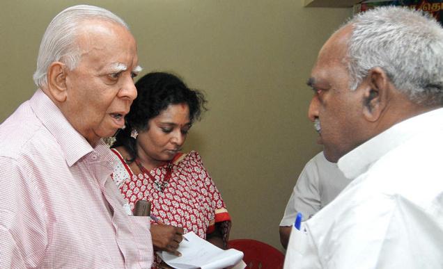 Tamil National Alliance leader R. Sambanthan shares a word with Union Minister Pon. Radhakrishnan in Chennai on Wednesday. BJP State president Tamilisai Soundararajan is in the piccture. Photo: B.Jothi Ramalingam