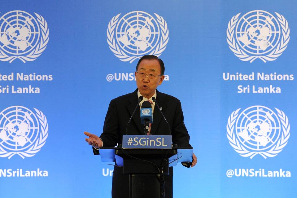 U.N. Secretary-General Ban Ki-moon speaks in Colombo, Sri Lanka, on Friday.