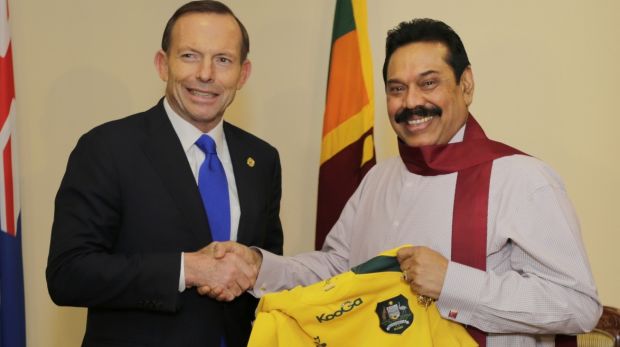 Tony Abbott with then president Mahinda Rajapaksa during a 2013 visit to Sri Lanka.