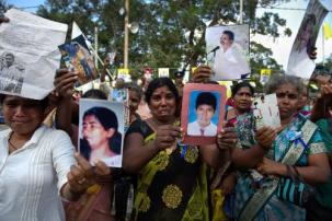 Families from the Disappeared Persons' organization protest January 14, 2015 in Mannar, Sri Lanka during the visit of Pope Francis. This was the area of Sri Lanka that saw the worst of the war between the country's soldiers and ethnic Thousands of families are still demanding answers about those who went missing near the war's end in 2009.