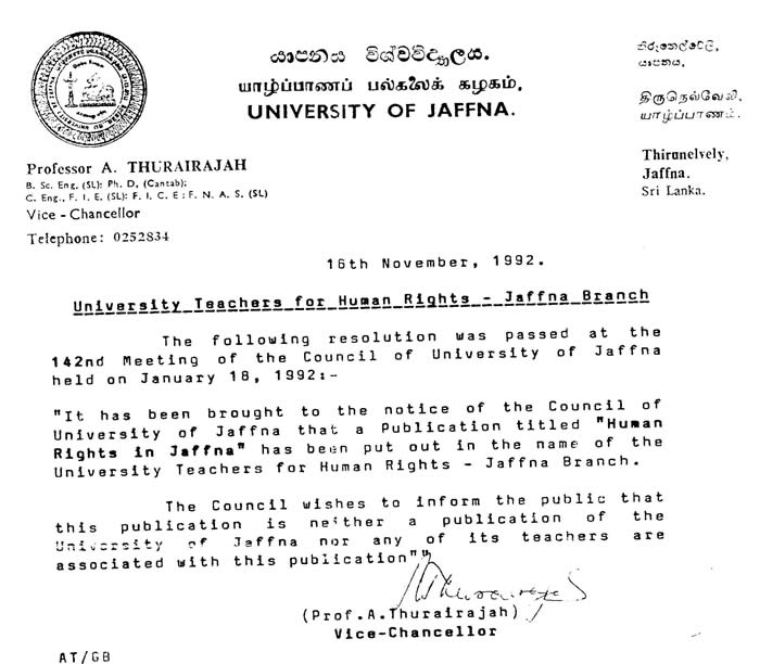 University of Jaffna Vice Chancellor's circular on University Teachers for Human Rights - Jaffna Branch ( UTHR J ) November 1992