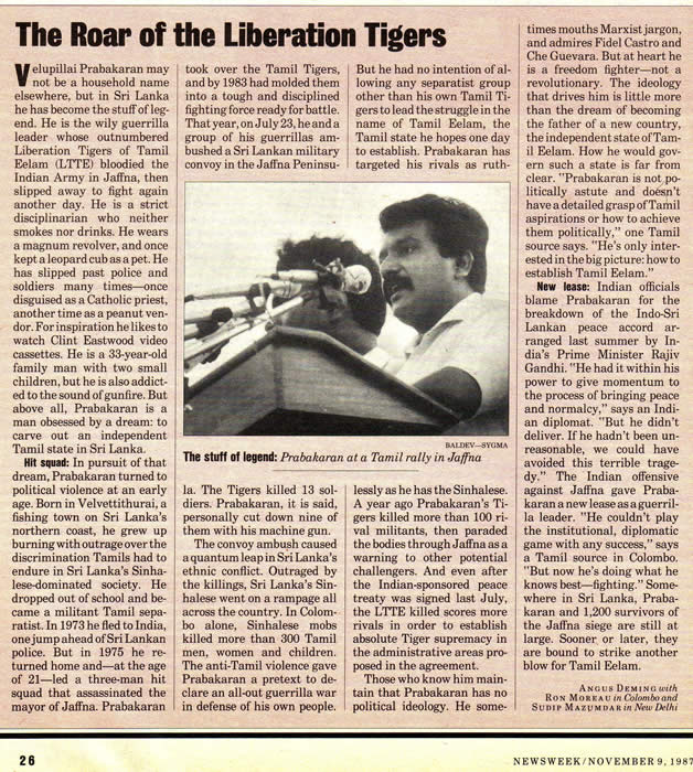 Newsweek November 9 1987 V Prabakaran Pirapaharan profile