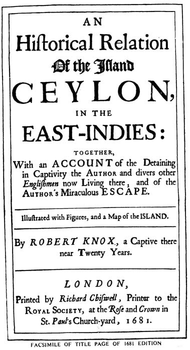 Robert Knox 1681 book cover 'An Historical Relation of the Island Ceylan in the East-Indies'