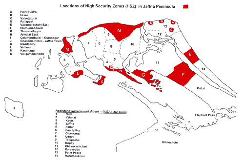 Locations of High Security Zones (HSZ) in Jaffna Peninsula 2003, courtesy Tamil Centre for Human Rights