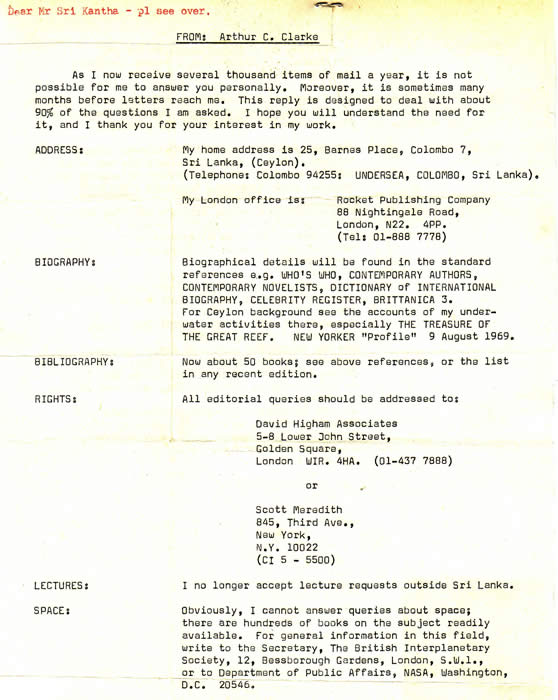 Arthur C Clarke letter page 1