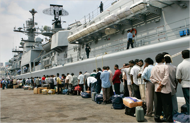 In Beirut, Lebanon, in July 2006, during Israeli attacks on the strongholds of Hezbollah militants, Indian citizens and others waited to board an Indian Navy warship to escape the fighting. NYT Sept 22 2008