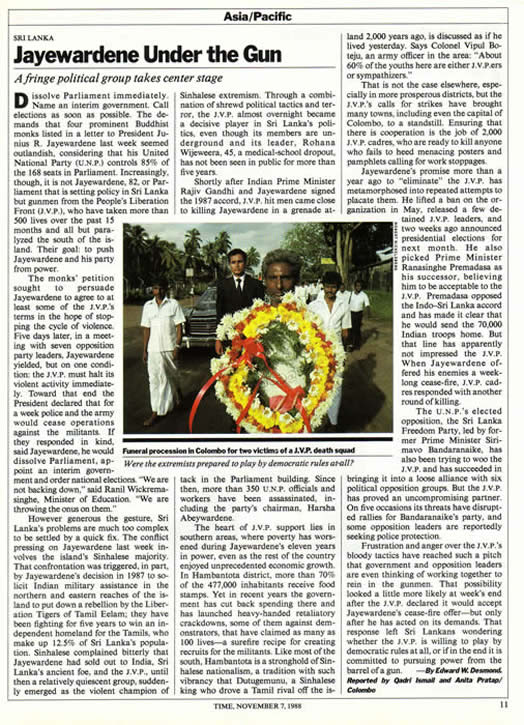 Time Nov 7 1988 JR Jayawardene under the gun