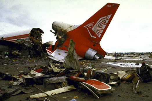Colombo, 1986: The tail section of an Air Lanka Tristar jet that was blown apart by a bomb before takeoff at Colombo airport, killing at least 16 people. The bomb was attributed to the LTTE