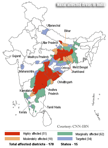 Naxal affected districts in India 2009