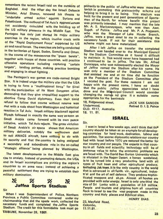 Jack van Sanden letter in Tribune Nov 11 1981 on Duraiappah Stadium Jaffna 