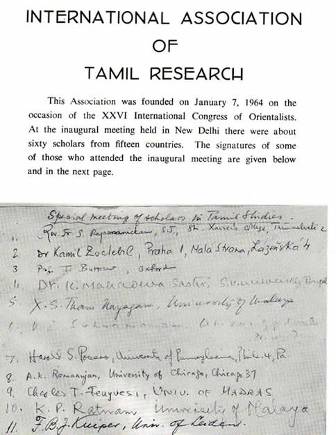 K. P. Ratnam's signature appears at #10 on IATR International Association of Tamil Research founding document