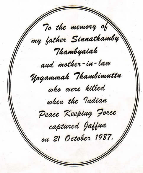 T Sabaratnam dedication of A Amirthalingam biography to father and mother in law killed by IPKF in October 1987