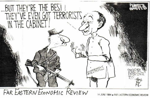 Morgan Chua cartoon Far Eastern Economic Review 14 June 1984 Jayawardene Arafat They've even got terrorists in the cabinet!