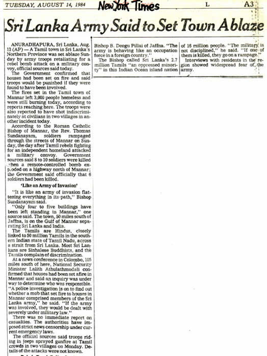 Sri Lanka Army Said to Set Town Ablaze New York Times August 14 1984 AP Mannar