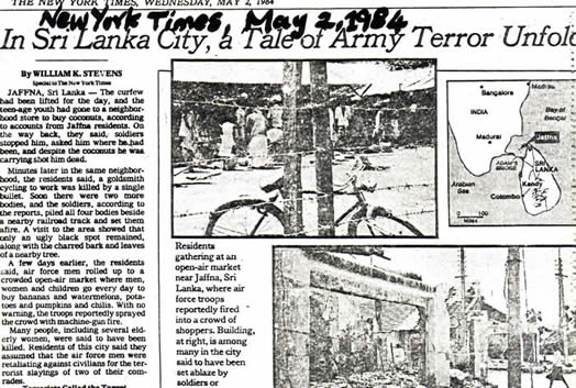 In Sri Lanka City, a Tale of Army Terror Unfolds New York Times May 2 1984 William K Stevens Jaffna