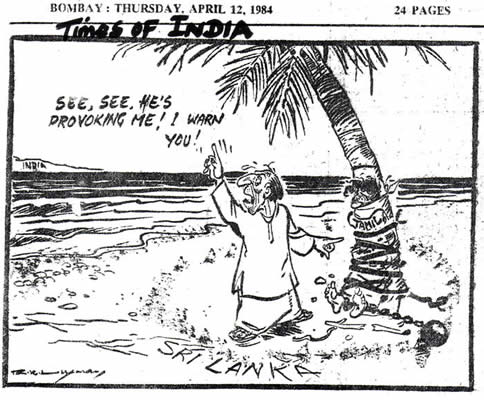 R K Luxman cartoon April 12 1984 Sri Lanka Jayawardene Tamils India