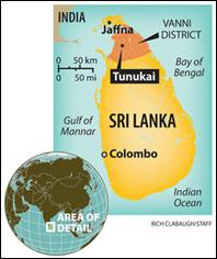 Map of Sri Lanka showing Vanni district 2011