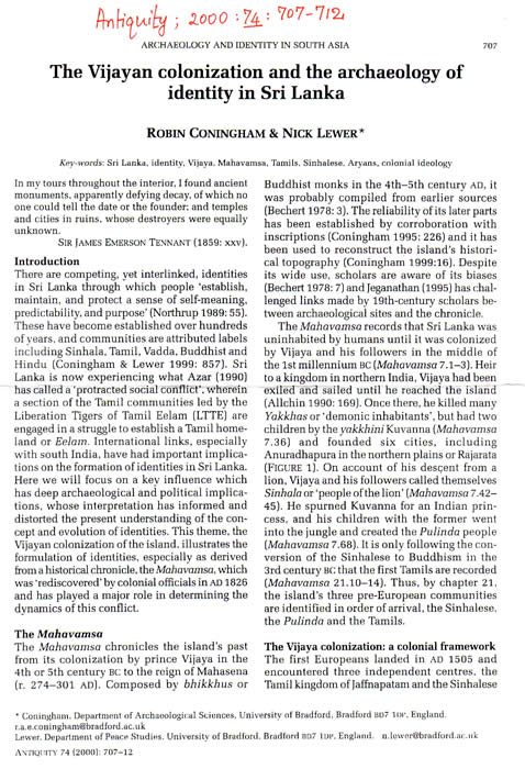 Coningham & Lewer 2000 The Vijayan Colonization & the Archaeology of Identity in Sri Lanka