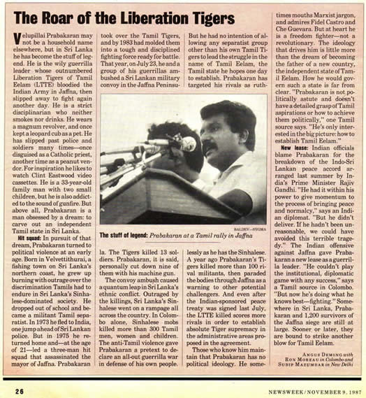 Roar of the Liberation Tigers Newsweek Nonember 9 1987 Prabakaran at a Tamil rally in Jaffna