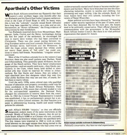 Apartheid's Other Victims Indians Asians TIME October 3 1977
