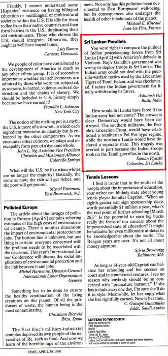 Two letters re Sri Lanka Tamils TIME April 30 1990