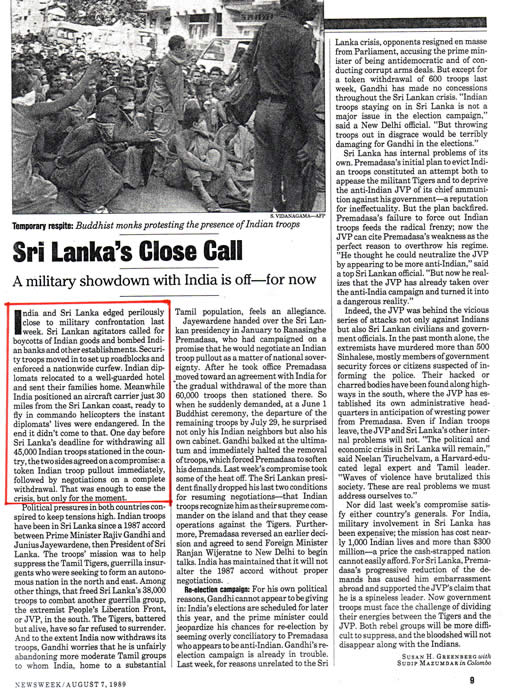 military showdown India Sri Lanka Newsweek August 7 1989
