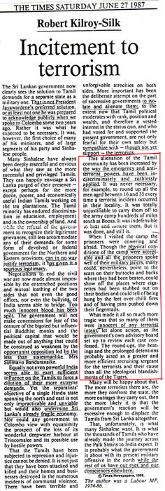 Robert Kilroy-Silk oped The Times London June 27 1987 Incitement to Terrorism Sri Lanka Tamils alienation