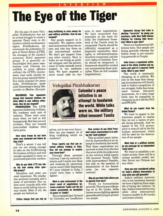 Newsweek interview Veluppillai Prabakaran Prabhakaran August 11 1986 The Eye of the Tiger