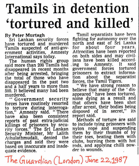 Tamils in Detention Tortured & Killed The Guardian London June 22 1987