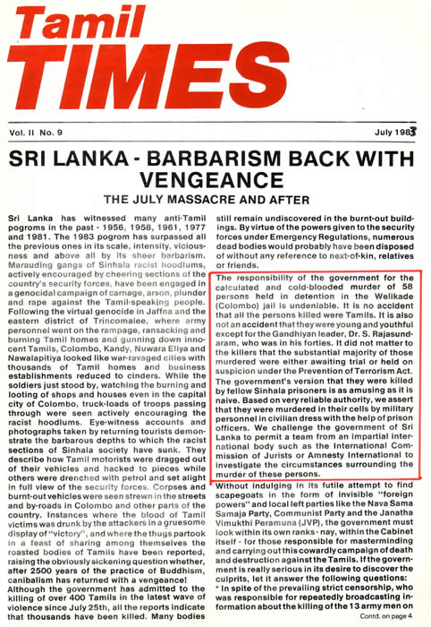 Welikade Jail prison massacre July 1983 Tamil Times Sri Lanka Barbarism Back with Vengeance The July Massacre and After