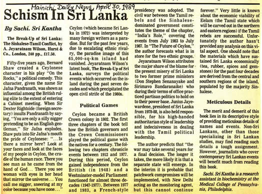 Schism in Sri Lanka review of The Break-Up of Sri Lanka The Sinhalese-Tamil Conflict by A. Jeyaratnam Wilson in Mainichi Daily News April 30 1989