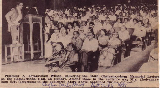 Third Chelvanayakam Memorial Lecture by Prof. A. Jeyaratnam Wilson in Ramakrishna Hall Colombo July 1981 Ceylon Daily News