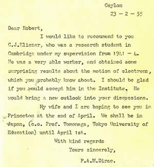 P.A.M. Dirac letter to Robert Oppenheimer re Christie J Eliezer Feb 23 1955