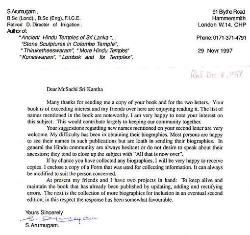 Letter from Mr. Sanmugam Arumugam 1997