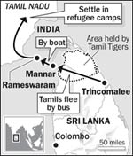 Route of Tamil families fleeing violence in Trncomalee to India September, 2006