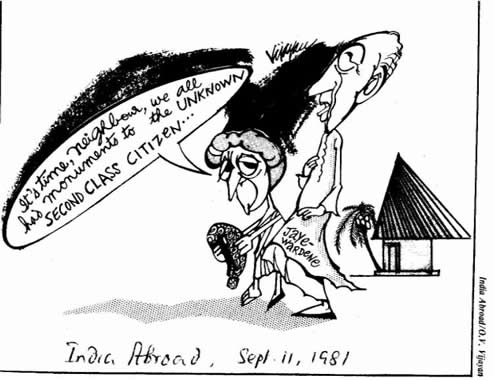 Cartoon on JR Jayawardene & Indira Gandhi Sept 11, 1981 India Abroad