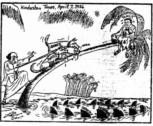 Cartoon on JR Jayawardene Tamils Hindustan Times April 7, 1984