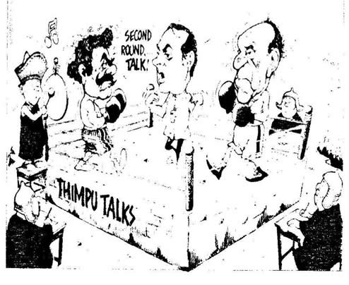 Cartoon on JR Jayawardene Rajiv Gandhi Thimpu Talks August 1985