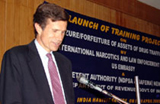 Deputy Chief of U.S. Mission Robert O. Blake addressing participants at the launch of a Training Project on Seizure/Forfeiture of Assests of Drug Traffickers organized by the International Narcotics and Law Enforcement Office of the U.S. Embassy and the Competent Authority (NDPSA & SAFEMA), Department of Revenue, Government of India in New Delhi, April 12, 2005.