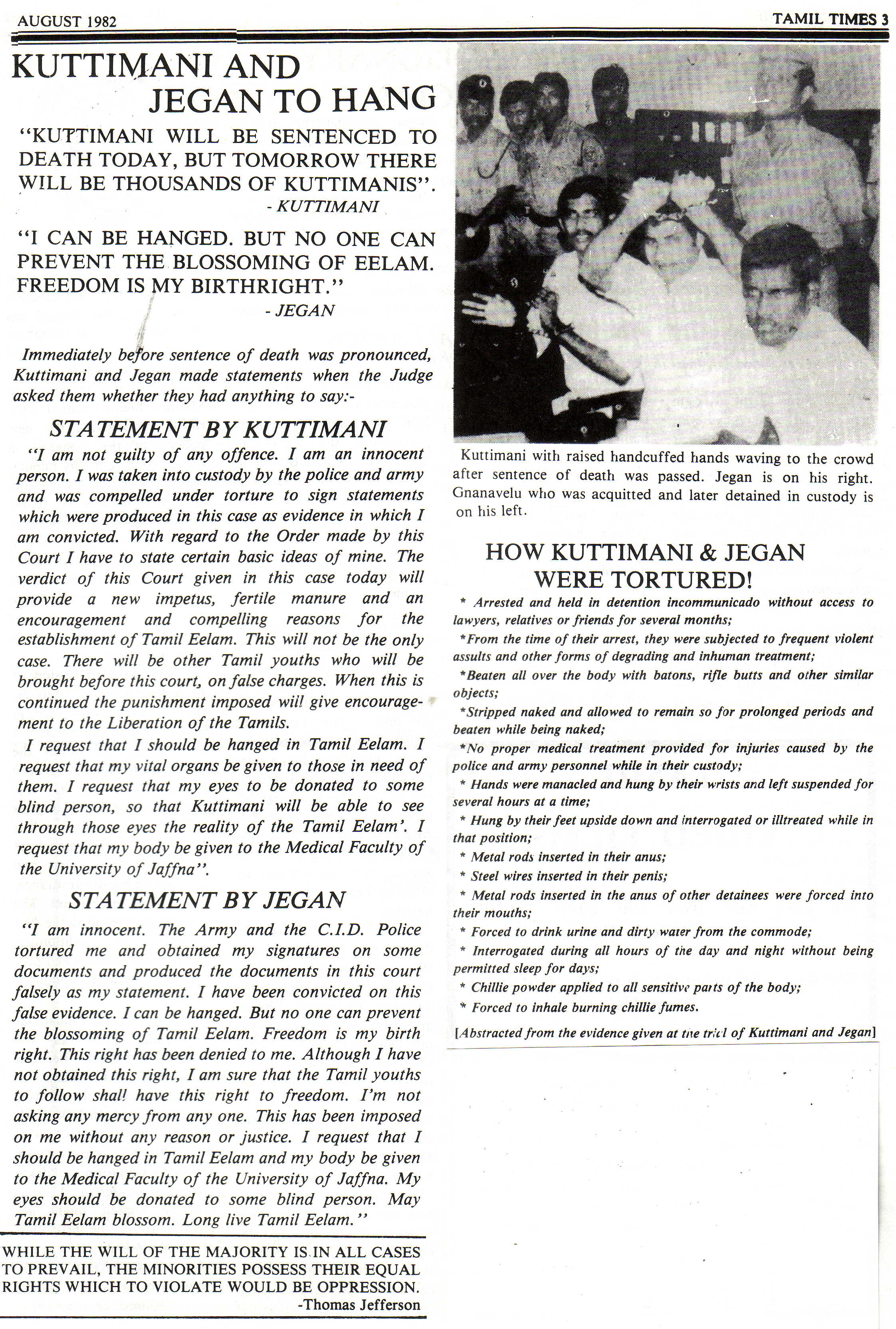 Kuttimani to hang Tamil Times Aug 1982