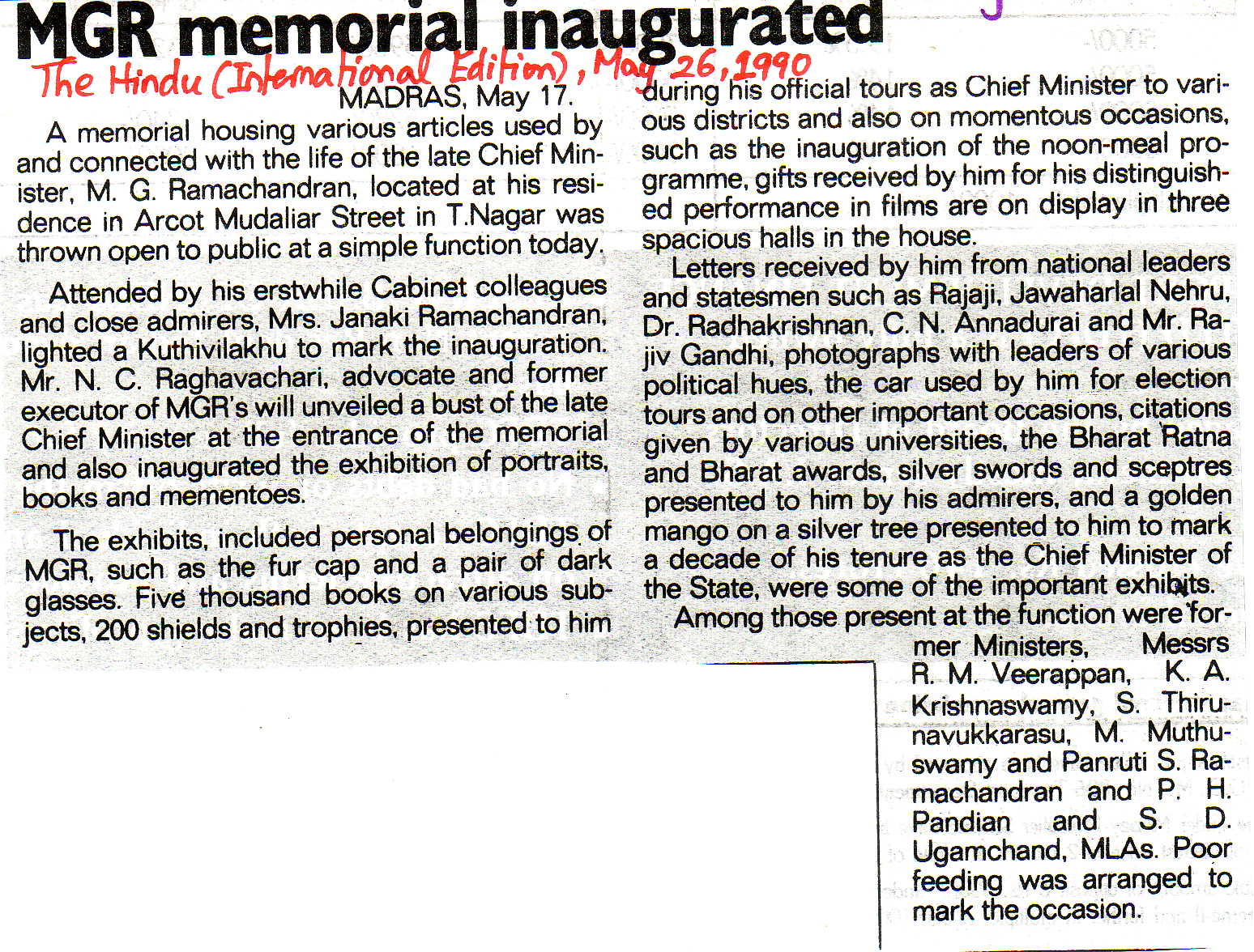 MGR memorial inaugurated 1990