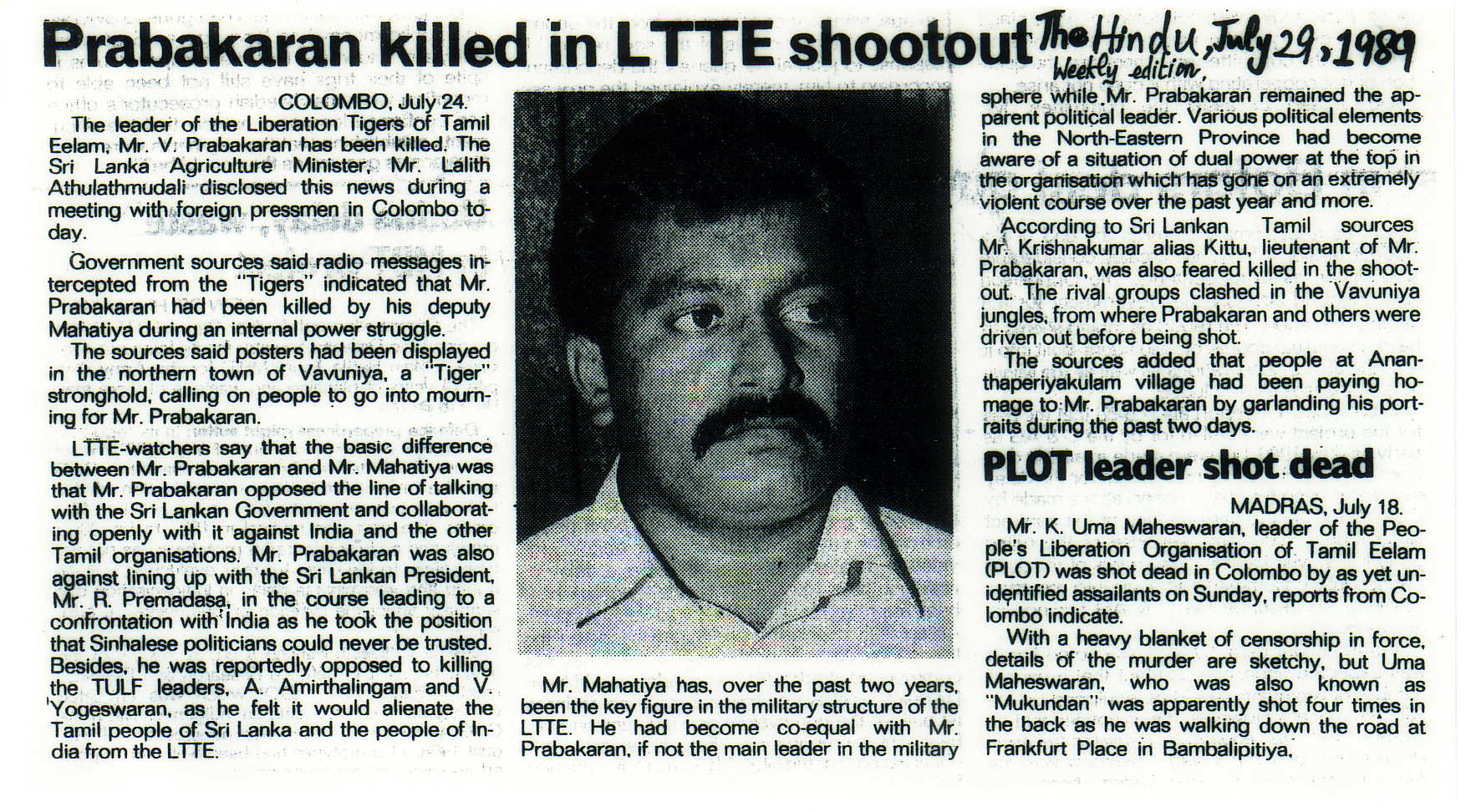 Prabakaran killed in LTTE shootout The Hindu 1989
