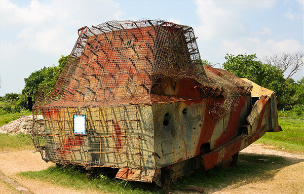 A bulldozer covered with armour plates in the military's war memorial at Elephant Pass, Jaffna. Photo: Flickr / koolb