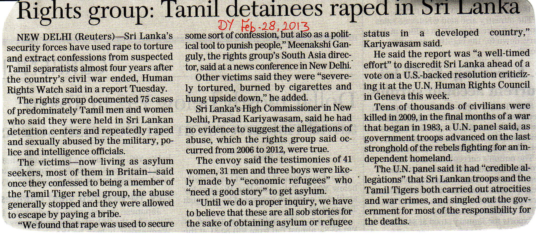 Tamil detainees raped Feb 28 2013