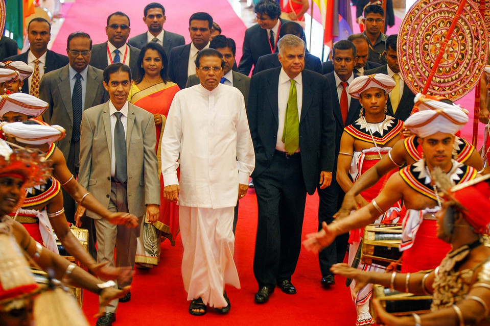 LEADING ROLE: Maithripala Sirisena, center, has promised to restore his country’s democratic institutions and expressed interest in counterbalancing a rising China.