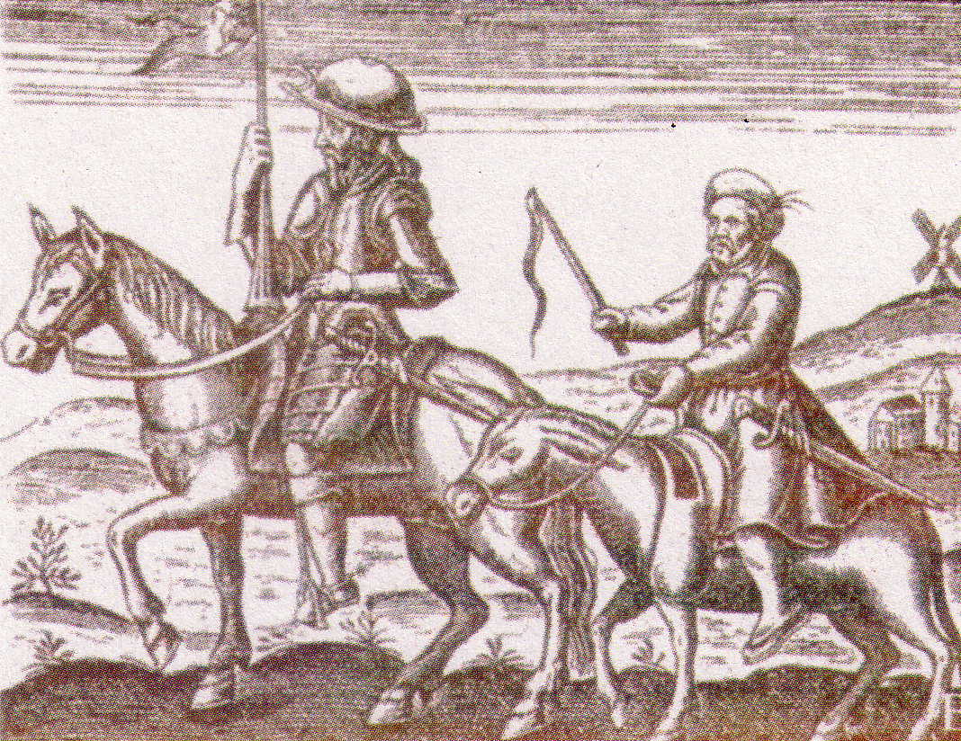 Don Quixote riding Rosinante, followed by Sancho Panza