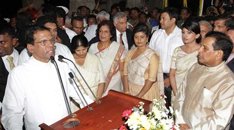 Sri Lanka’s new president Maithripala Sirisena addresses the nation after taking oath. (Source: AP photo)